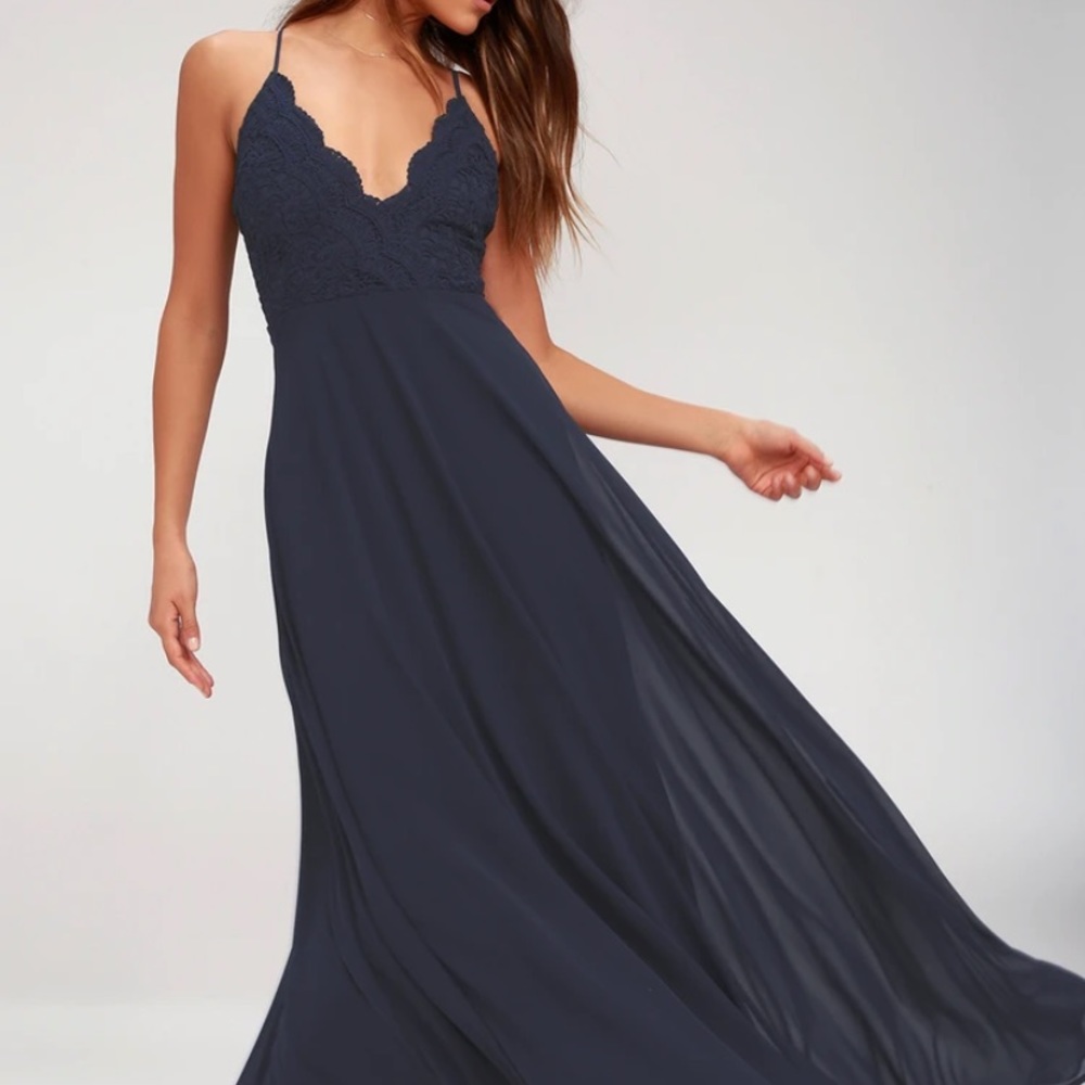 Lulus Madalyn Navy Blue Lace Maxi Dress Size Small NWT